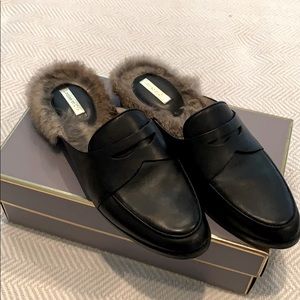 Black leather + fur mule slides